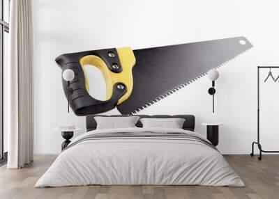 Hand saw with wooden handle and black blade isolated on white Wall mural