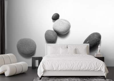 Scattered sea pebbles. Smooth gray and black stones isolated on white background. Top view Wall mural