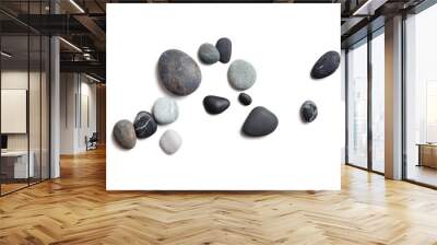 scattered sea pebbles. smooth gray and black stones isolated on white background. top view Wall mural