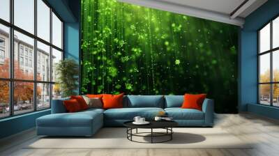 St. Patrick's Day themed digital matrix rain, streams of green code create a backdrop of falling shamrocks Wall mural