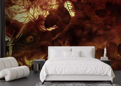 Evil look banner. Illustration evil eyes looking from the autumn leaves Wall mural