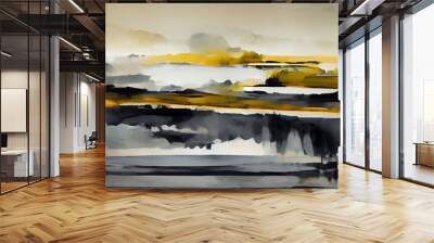 A black and gold watercolour style digital abstract seascape Wall mural