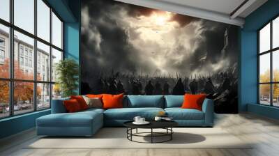 A cinematic medieval battle scene with dramatic clouds and lighting Wall mural