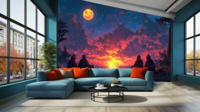 A group of nights sat around a fire with a retro pixel art themed background Wall mural