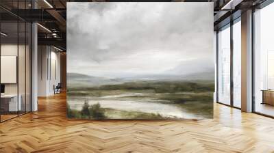 An oil painting of an English countryside view with a cloudy sky and muted green colour tone Wall mural