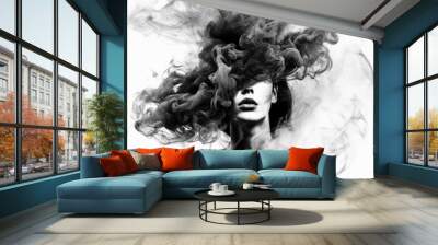 Double Exposure style image of a woman surrounded by dark smoke, portrait on a blank background Wall mural