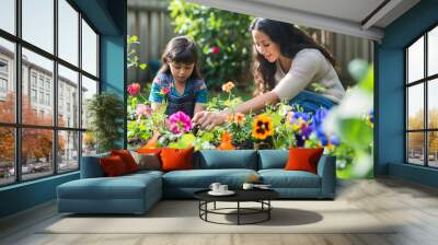 A cheerful mother with daughter, planting flowers together in the backyard. Shallow depth of field Wall mural