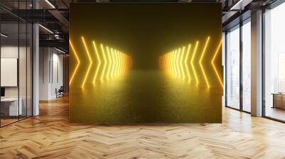 A dark room with bright yellow neon lights forming arrows lining the walls, leading to a glowing, hazy center. Wall mural