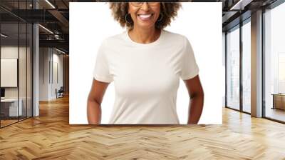 A happy senior afro-american woman wearing a blank white t-shirt for mockup, isolated on transparent background Wall mural