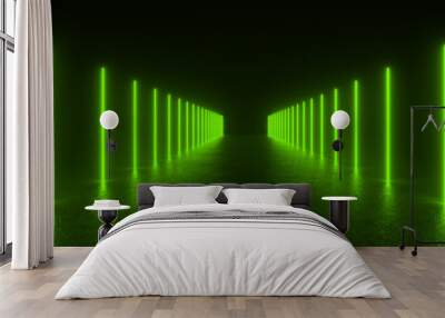 A long, dark room lit by bright green neon lights. The lights line the sides of a hallway, creating a futuristic and abstract effect. Wall mural