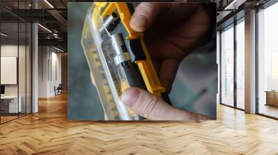 A man is holding a yellow and black box of screwdriver bits. Wall mural