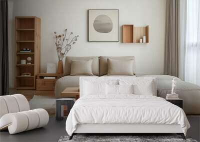 A sofa with two large pillows sits in a minimalist living room with a wooden coffee table, and bookshelf Wall mural