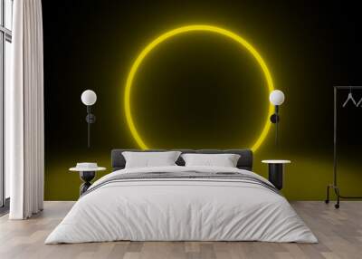 Circle neon yellow light in black hall room. Abstract geometric background. Futuristic concept. Glowing in concrete floor room with reflections. 3d rendering Wall mural