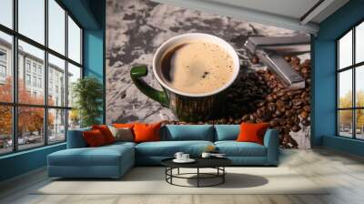 Coffee mug with coffee beans with chocolate pieces, close-up, space for text Wall mural