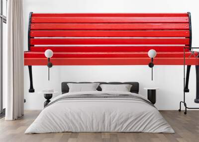 Colorful wooden bench painted in red with metal legs, isolated on a white background (design element) Wall mural