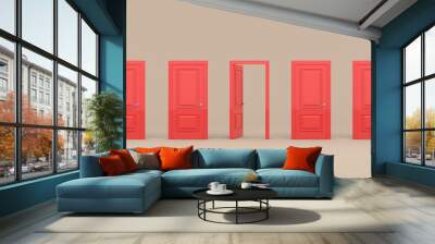 Four closed red doors and one open door on a pastel brown background. 3d render Wall mural