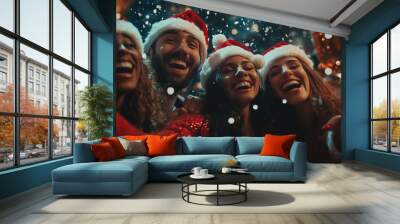 Four friends are laughing and having fun at a christmas party, wearing santa hats and toasting with champagne under the falling confetti Wall mural