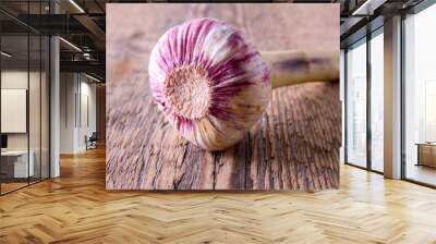 garlic, green, young, on wooden background Wall mural