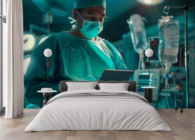 Latin Scrub Nurse Using Tablet Wall mural