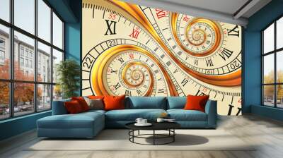 High resolution Antique old spiral clocks abstract fractal spiral. Watch clock unusual texture fractal pattern background. Golden old fashion abstract clock roman numerals Time Spiral surreal clock Wall mural