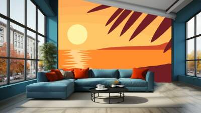 Beautiful orange sunset on the beach. Tropical palm. Sea and ocean. Paradise lagoon. Wild exotic landscape for background. Vacation and travel. Paradise lagoon. Vector illustration panorama Wall mural