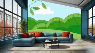 Summer landscape of nature. Panorama with green forests, hill, fields and blue sky. Rural scener. Flat vector illustration Wall mural