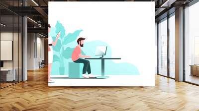 Young office workers. A woman is walking with a smartphone. A man sits at a computer. Vector illustration with place for text. Wall mural