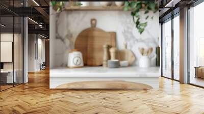 round wooden board on a table in kitchen interior for product display. mockup. shallow depth of fiel Wall mural