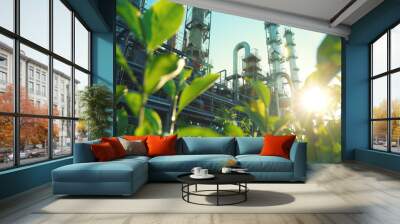 Safely generate green energy with an industrial factory and green plants, illuminated by sunlight, in the foreground. Sustainable development and environmental protection. Shallow depth of field Wall mural