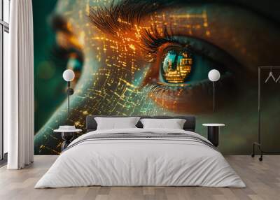 The green eye of a girl immersed in cyberspace. AI generated. Wall mural