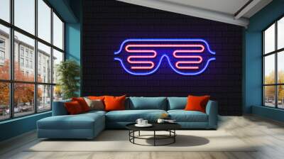 Vector illustration of neon shutter shades. Retro 80's style slot glasses. Neon glowing sunglasses Wall mural