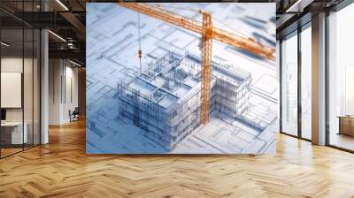 3d blueprint of building construction featuring a crane in an architectural photography shot Wall mural