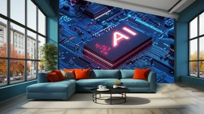 3d illustration of ai text on circuit board with microchips   digital technology concept Wall mural