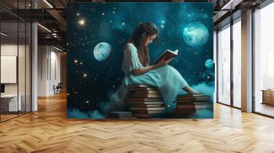 A captivating scene of a young woman reading amongst books under a starry sky and planets Wall mural