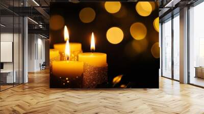 Advent candles glowing in darkness with sparkling flames and blurred abstract lights Wall mural