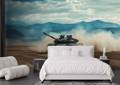 Armored tank poised for assault on desolate battlefield terrain ready for engagement Wall mural