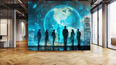 Business team in front of digital earth hologram with double exposure of city silhouettes Wall mural