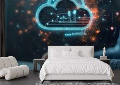 Businessman using laptop with cloud computing icon for digital technology and innovation concept Wall mural