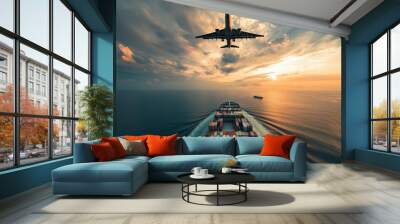 Cargo plane over container ship  a stunning view of global import and export logistics at sea Wall mural