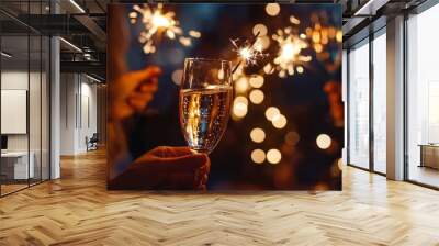 Celebrating new year s eve with friends  sparklers and champagne amidst blurred holiday lights Wall mural