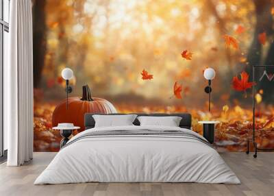 Charming autumn scene featuring pumpkins and colorful leaves, perfect for seasonal banner designs Wall mural