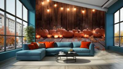 Charming rustic wooden backdrop featuring autumn pumpkins, string lights, and halloween candles Wall mural