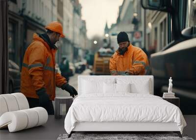 City sanitation workers collaborate to empty trash bins and load waste onto collection truck Wall mural