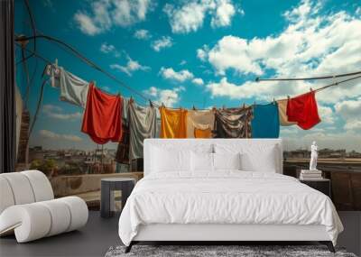 Clothes dried on a rooftop clothesline under the bright sun with a clear blue sky backdrop Wall mural