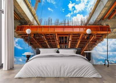 Construction of a modern highway bridge with steel beams and suspended formwork under blue sky Wall mural