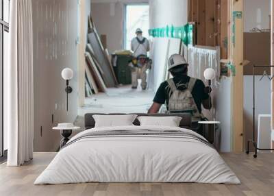 Construction worker installing plasterboard drywall at a construction site for building project Wall mural