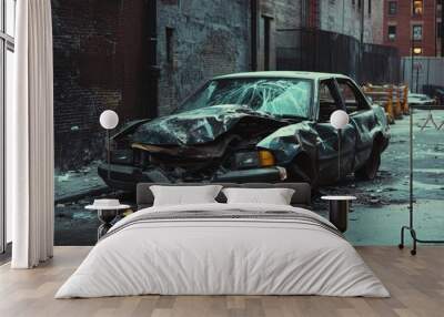 Crumpled car aftermath  collision scene in urban environment with shattered glass and damage Wall mural