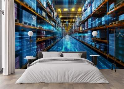 Dynamic digital warehouse illustration featuring advanced technology and vibrant blue energy theme Wall mural