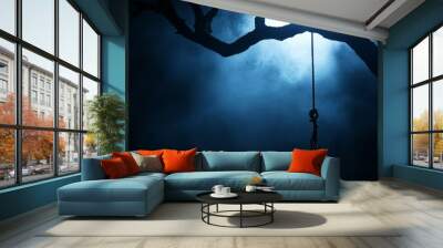 Eerie night scene featuring a noose on a gnarled tree against a dark, smoky horror backdrop Wall mural