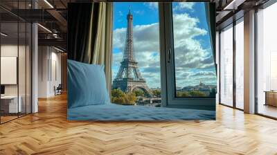 Eiffel tower view from luxurious hotel window on a beautiful sunny day in paris, france Wall mural